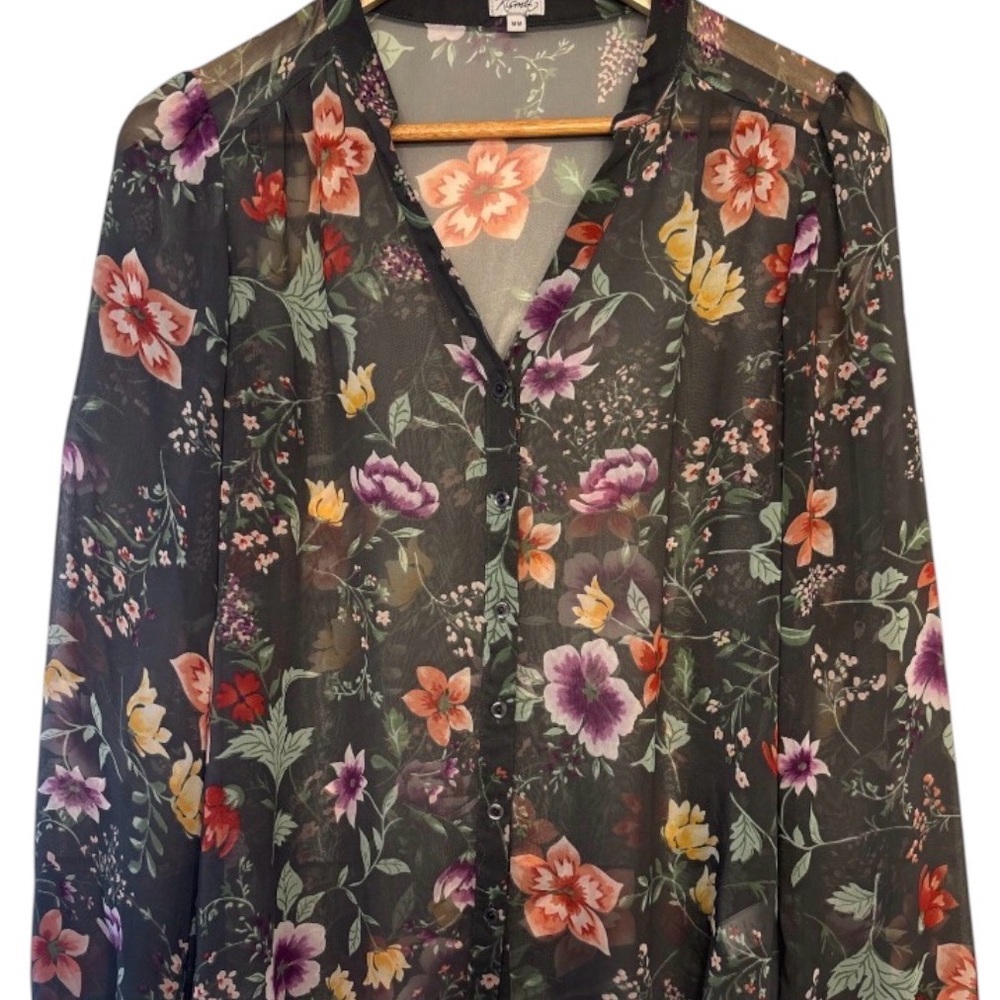 Kismet Dark Floral Sheer Button-Down Blouse - Size M - Picture 2 of 12